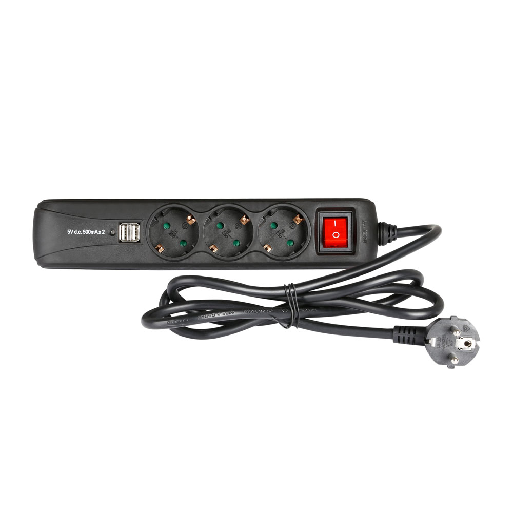 Adam Hall 3-Outlet Power Strip With Dual USB Charging Ports And On/Off Switch